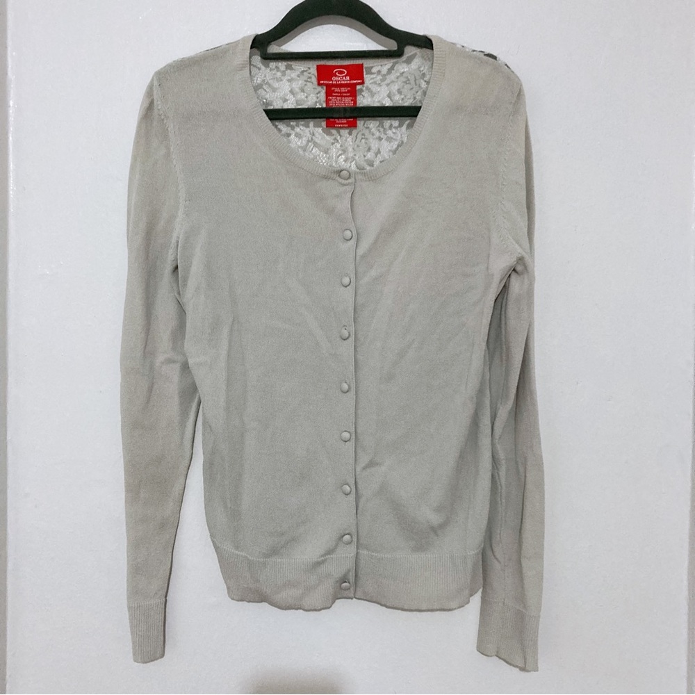 Oscar Oscar De La Renta Gray/Sliver Lace Back Cardigan Size S